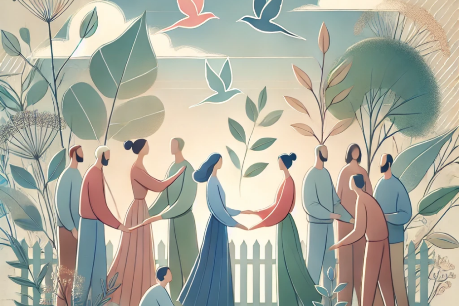 La imagen muestra a un grupo diverso de personas interactuando de manera cálida.