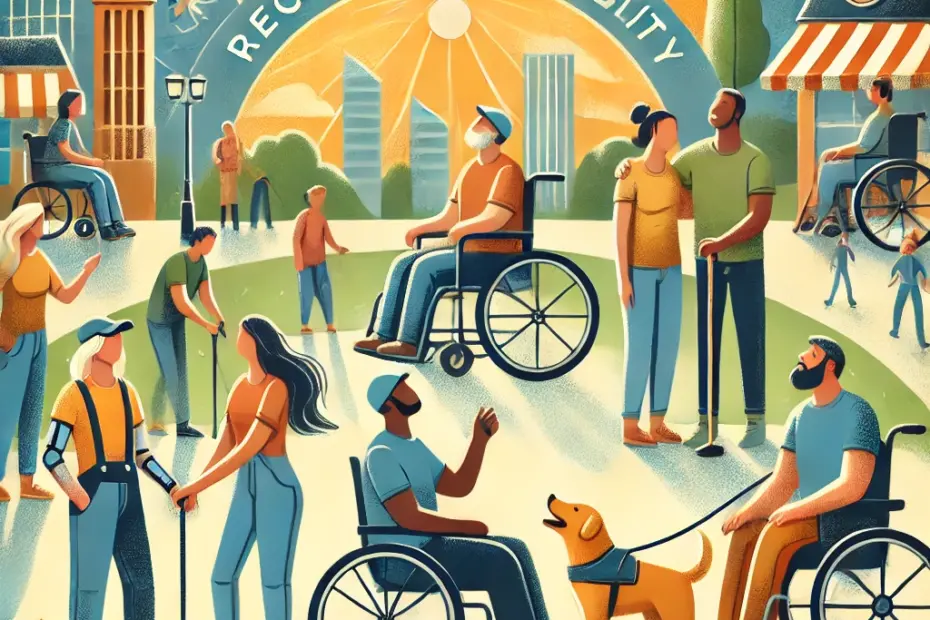 • Diversidad de Individuos: La imagen muestra a varias personas con diferentes condiciones: alguien usando una silla de ruedas, una persona con un perro guía y alguien con una prótesis de pierna. • Interacción Armoniosa: Todos los individuos están interactuando de manera armoniosa y amistosa, lo que refleja un entorno inclusivo y respetuoso. • Entorno Comunitario: El fondo es un entorno comunitario, como un parque o una plaza de la ciudad, con elementos que sugieren unidad y aceptación. • Colores Cálidos y Acogedores: La paleta de colores utiliza tonos cálidos e invitantes para crear una atmósfera positiva y esperanzadora.