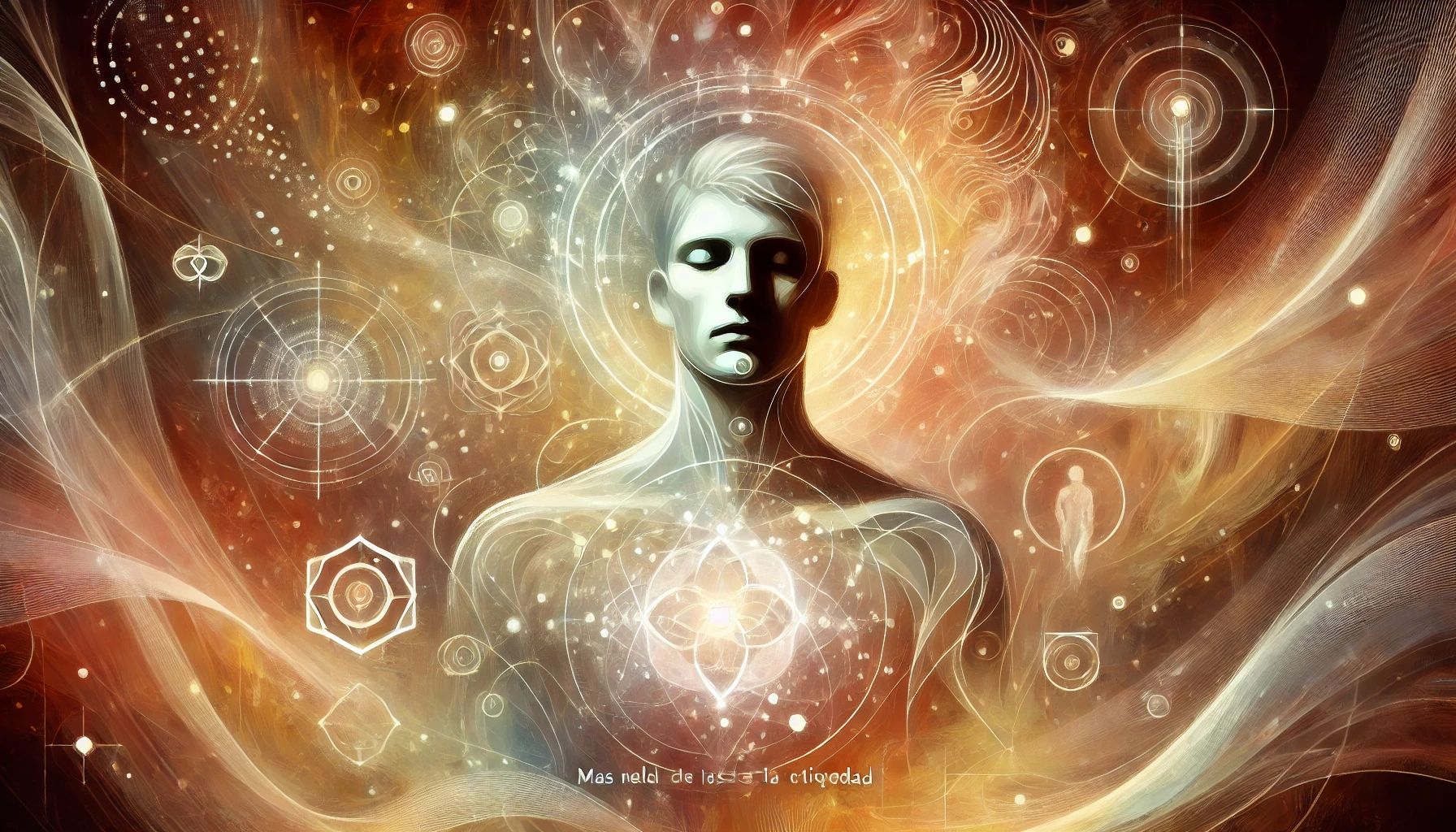 la imagen muestra a una persona con los ojos cerrados, rodeada de representaciones abstractas de la esencia humana, como formas de luz o espíritu.