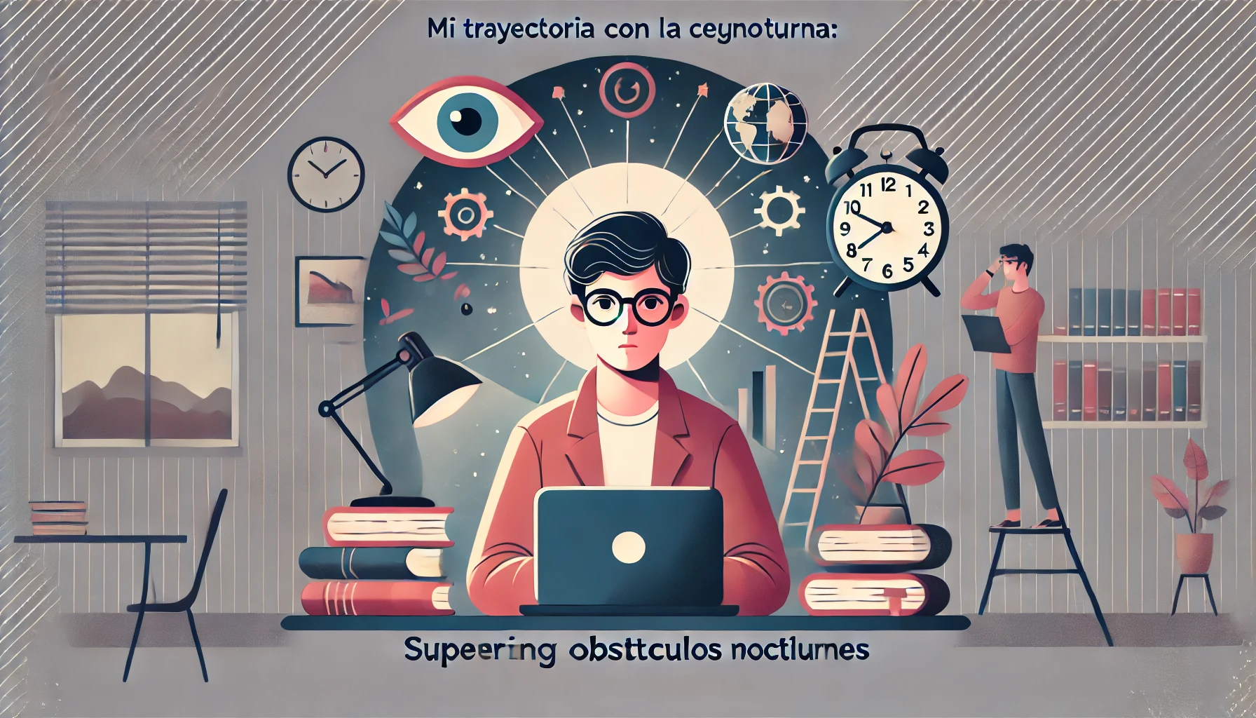 La imagen muestra En el centro una figura con gafas utilizando una laptop, rodeada de libros y un ambiente de aula. Los colores sutiles y los degradados crean una sensación de resiliencia y adaptación. La combinación de elementos educativos y tecnológicos simboliza el viaje personal y los desafíos superados a lo largo de la educación.