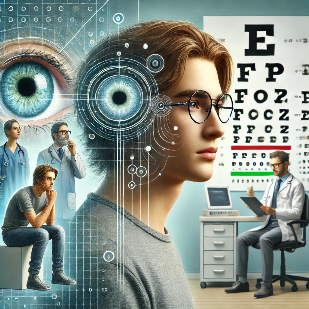 La imagen muestra a un joven con cabello largo y vestimenta casual (camiseta gris y jeans azules) en distintas etapas de exámenes oculares. En el fondo, se observan gráficos de pruebas de visión, equipos médicos y doctores discutiendo resultados.
