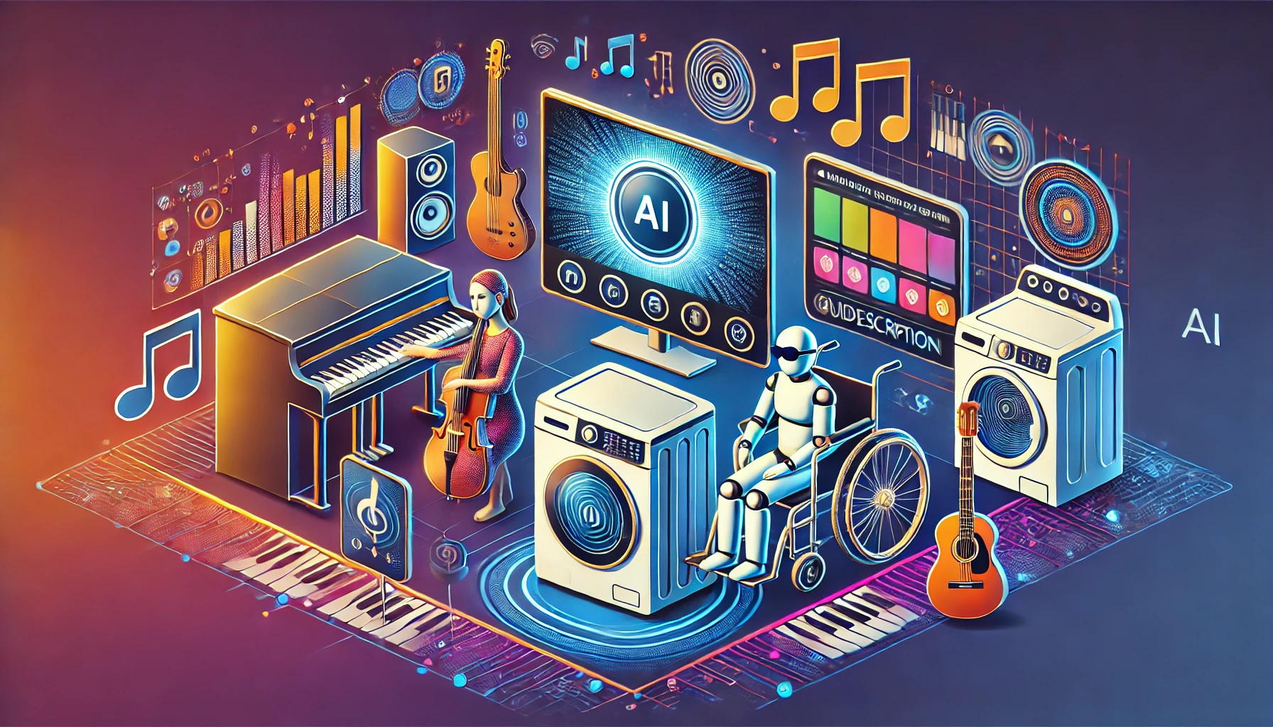 La imagen muestra la integración de la inteligencia artificial (IA) para mejorar la accesibilidad en varios dispositivos electrónicos.