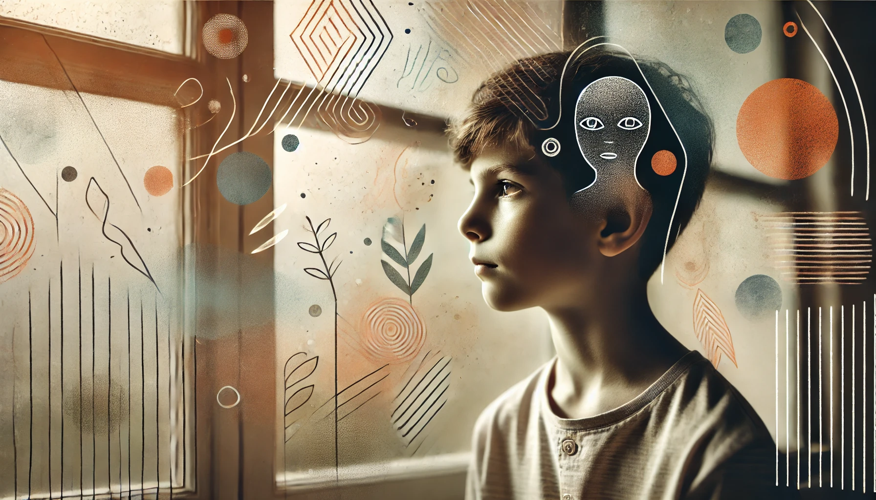 La imagen Presenta a un niño mirando por una ventana con una expresión suave y pensativa. En el fondo, hay elementos sutiles que representan la discapacidad visual, como formas abstractas o líneas borrosas. Los colores son suaves y cálidos, transmitiendo una sensación de introspección y comprensión.