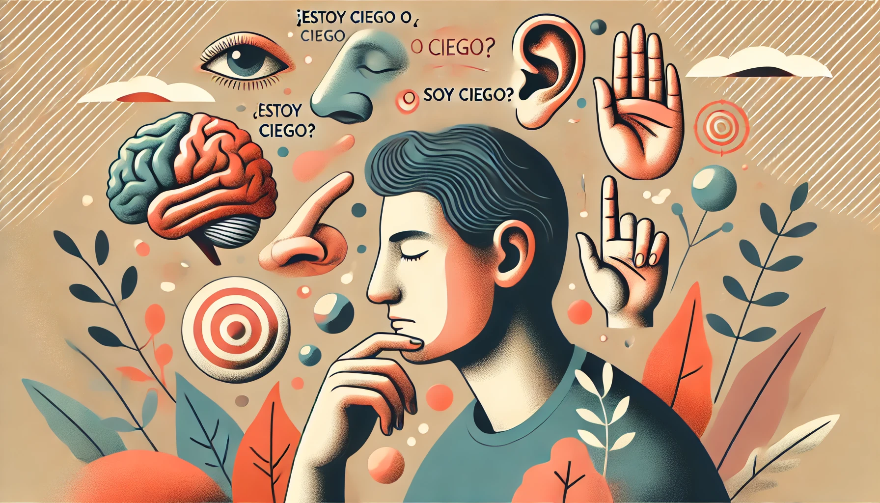 Una persona contemplativa con los ojos cerrados en un entorno sereno, rodeada de representaciones abstractas de diferentes sentidos como oídos, manos y narices.