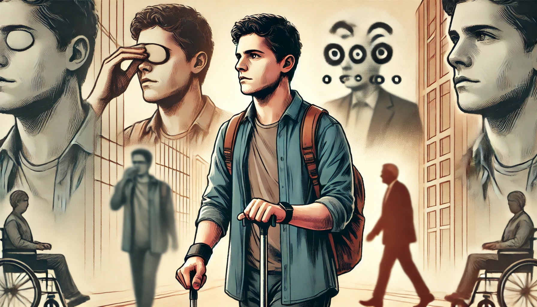La imagen Presenta a un joven con un bastón caminando durante el día, con expresiones de determinación y contemplación. En el fondo, hay elementos sutiles que simbolizan la discapacidad visual, como formas borrosas o reflejos de luz. Los colores son apagados, evocando una sensación de desafío y resiliencia.