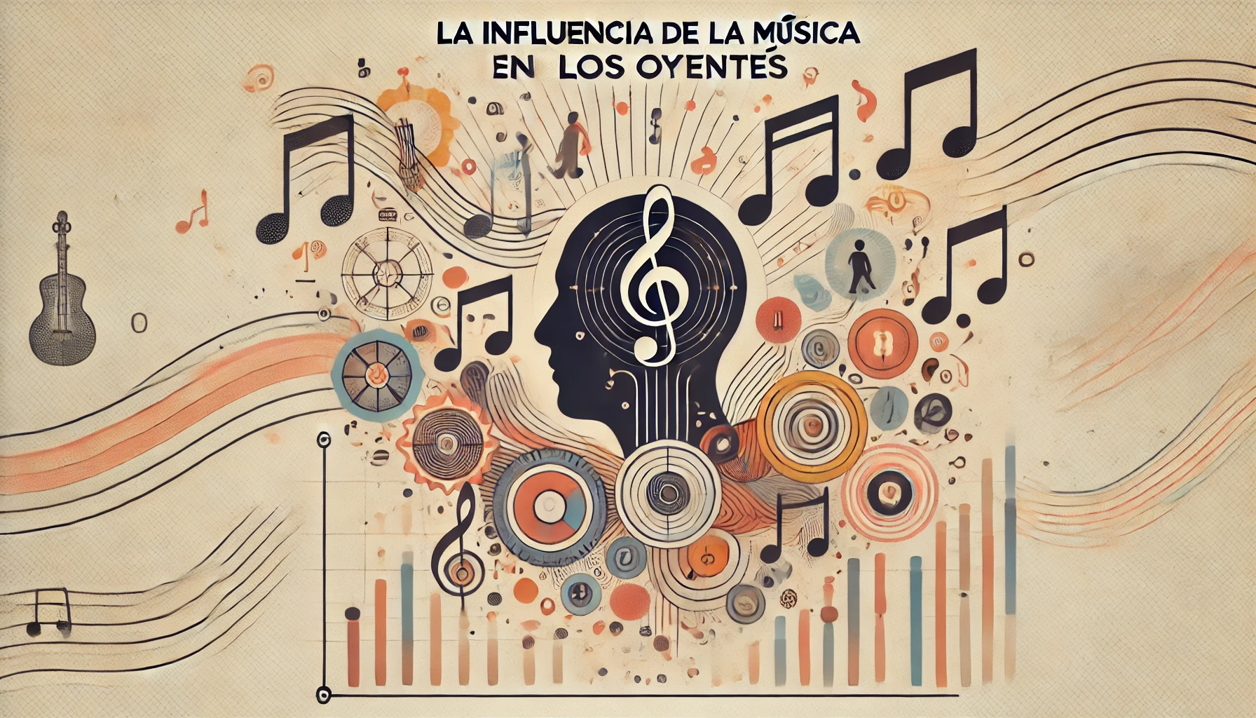 La imagen presenta elementos musicales como notas y instrumentos, junto con representaciones abstractas de emociones humanas e influencia social. El diseño es moderno y limpio, con colores armoniosos que reflejan el profundo impacto de la música en las personas. El texto "La Influencia de la Música en los Oyentes" está destacado de manera prominente.