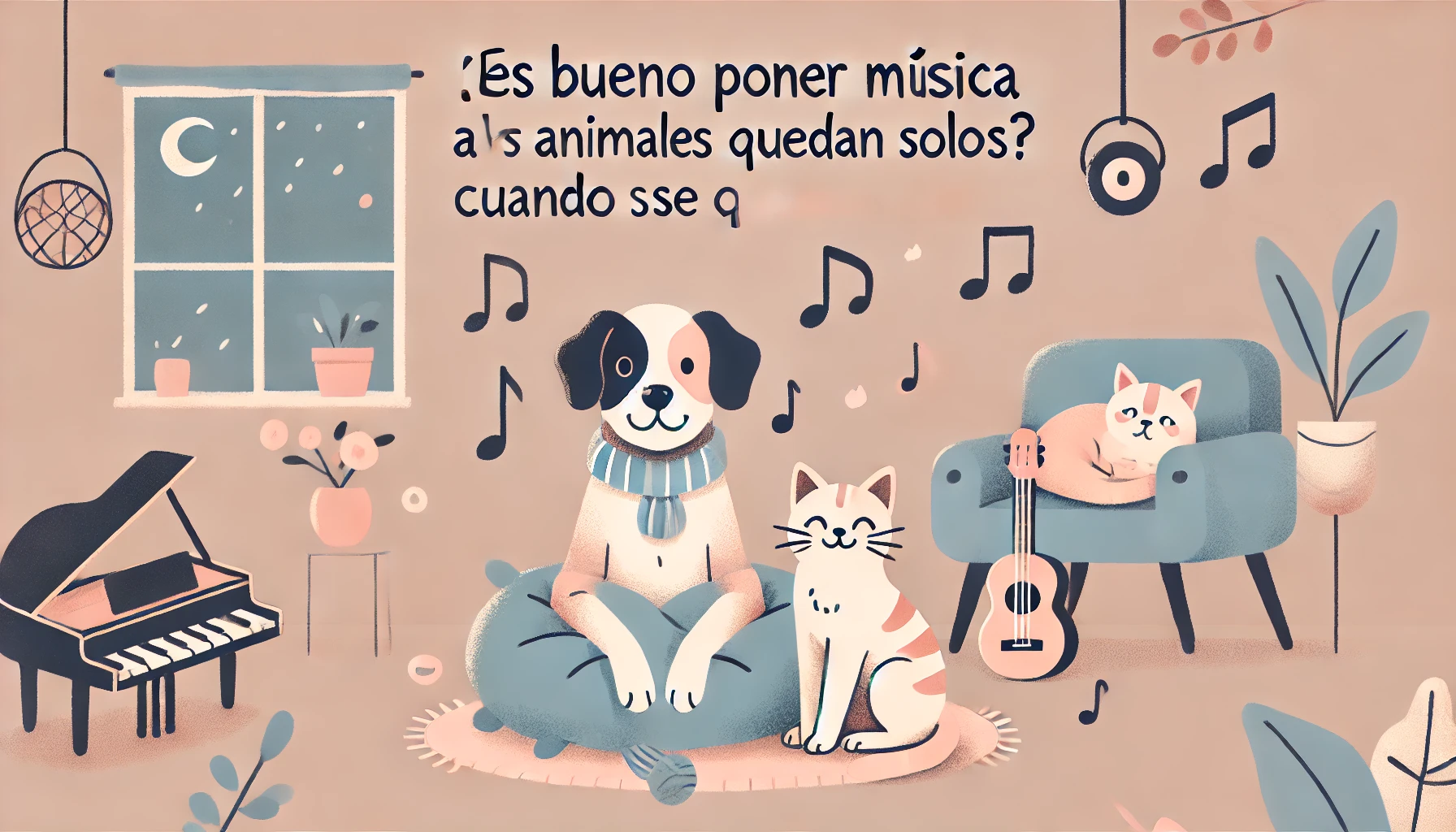 La imagen creada para el artículo "¿Es Bueno Poner Música a los Animales Cuando se Quedan Solos?" presenta un entorno hogareño tranquilo y acogedor. En el centro de la imagen, se puede ver a un perro y un gato relajándose, rodeados de notas musicales que flotan a su alrededor. Los colores suaves y calmantes utilizados en la imagen transmiten una sensación de tranquilidad y confort. El texto "¿Es Bueno Poner Música a los Animales Cuando se Quedan Solos?" está destacado de manera prominente, integrándose armoniosamente en el diseño.