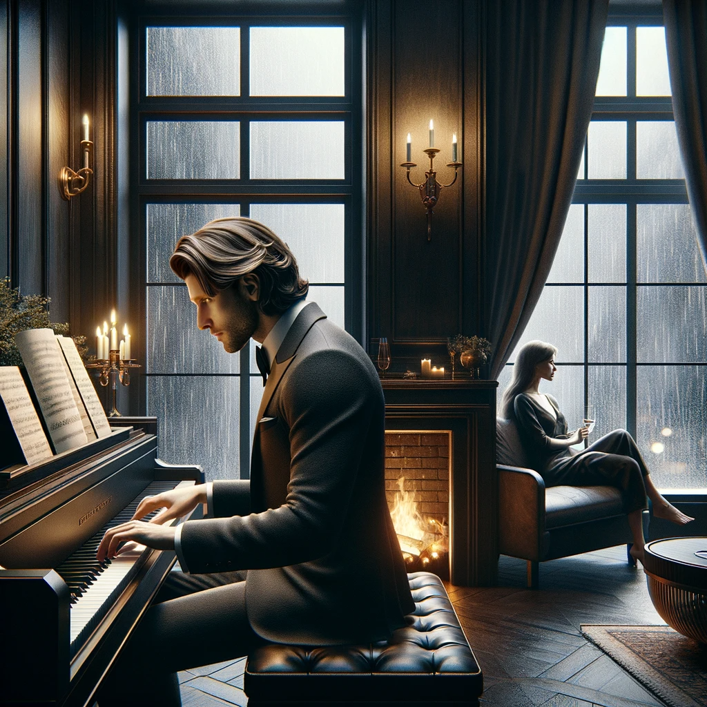 Músico tocando el piano en una elegante sala con una mujer sentada junto a una chimenea, en una noche lluviosa.