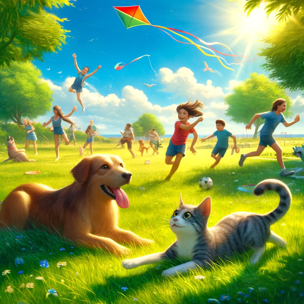 Niños corriendo y jugando en un parque soleado, mientras un perro y un gato descansan en la hierba