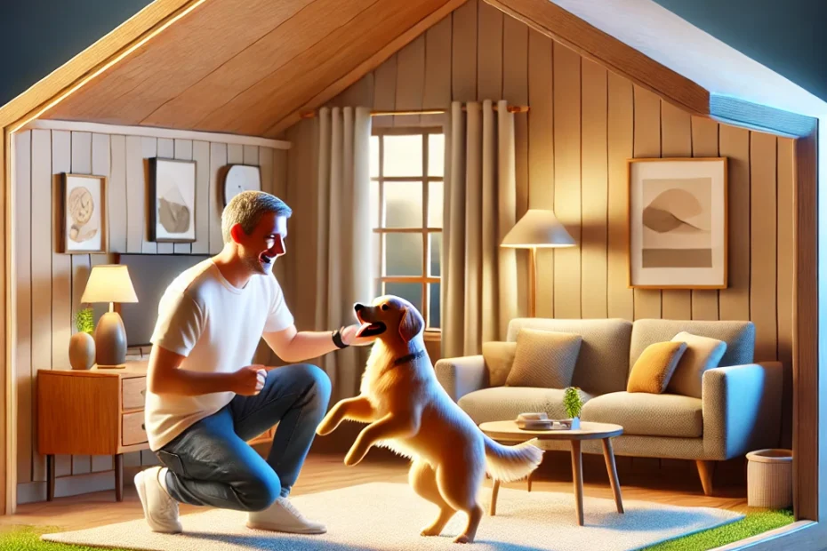 La imagen Muestra una interacción alegre entre un dueño y su perro dentro de una casa acogedora. La escena tiene lugar en una sala de estar, donde el dueño, un hombre de mediana edad, juega con un golden retriever.