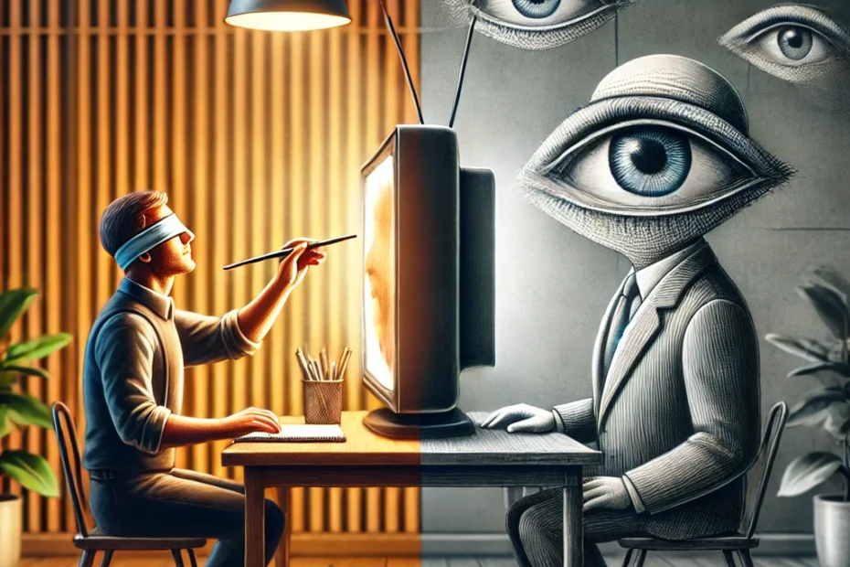 La imagen presenta una escena dividida: en un lado, una persona con discapacidad visual se muestra de manera realista y digna, realizando una actividad diaria de manera eficiente y limpia; en el otro lado, una pantalla de televisión muestra una representación distorsionada y exagerada de una persona con ceguera, destacando el contraste entre la realidad y la representación mediática.