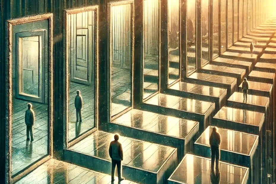 Imagen que muestra a una persona frente a una serie de espejos, cada uno reflejando una versión más superficial de sí misma, simbolizando las capas de la superficialidad.