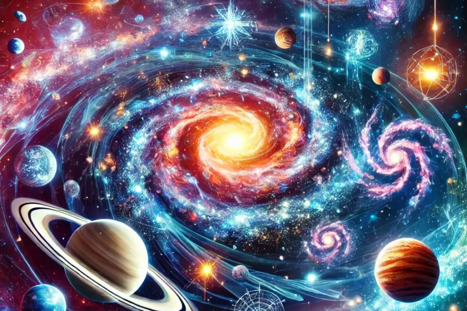 La imagen Muestra varios cuerpos celestes como galaxias, estrellas, planetas y cometas, todos con auras brillantes o ondas de energía que sugieren que están vivos.