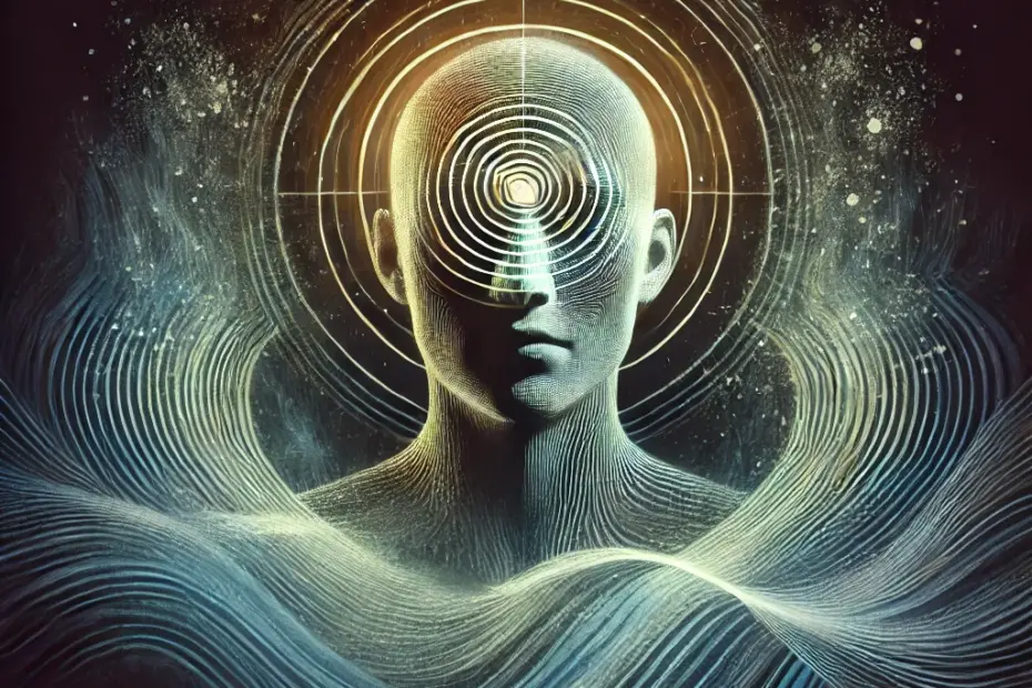 Representación abstracta y misteriosa de la visión extraocular, mostrando una figura humana con los ojos cerrados, rodeada de ondas y patrones abstractos que simbolizan la percepción sensorial más allá de los sentidos convencionales, en un fondo oscuro para enfatizar el tema místico.