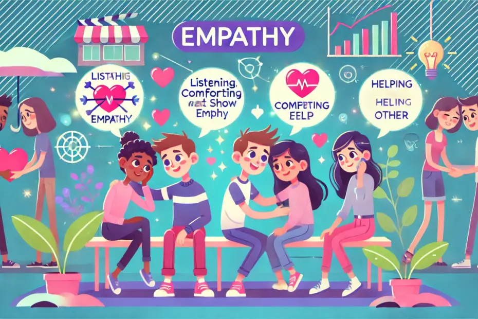 Una ilustración colorida que representa diversas acciones empáticas entre personas. Se muestran diferentes grupos de individuos en varias actividades de apoyo emocional y físico, como compartir un corazón, escuchar activamente, y consolar a otros. El fondo es vibrante con elementos gráficos que incluyen corazones, plantas y burbujas de diálogo con palabras clave como 'Listening' y 'Helping Each Other'.