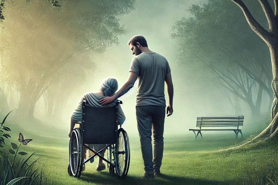 La imagen muestra un parque sereno, donde un hombre acompaña y empuja suavemente a una mujer en silla de ruedas. Ambos, en sus treintas, muestran expresiones calmadas y contentas.