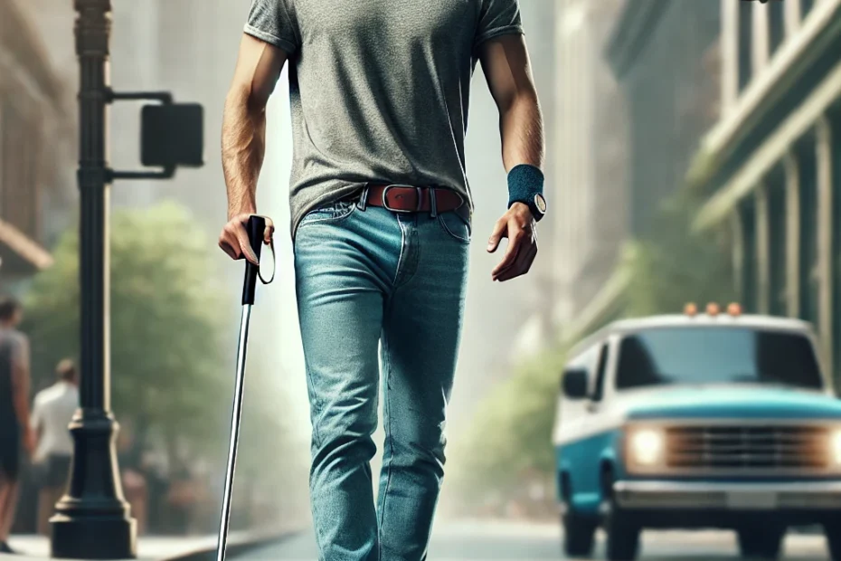 La ilustración muestra a un hombre caminando con confianza por una calle urbana, usando un bastón de estilo moderno que no es el típico bastón blanco para ciegos. Él es un hombre de estatura media con cabello castaño claro hasta los hombros, vestido con una camiseta gris, jeans celestes y zapatillas blancas con azul. Su postura y expresión reflejan seguridad y un sentido de independencia, mientras que el entorno urbano alrededor suyo, con elementos de la ciudad desenfocados en el fondo, enfatiza su presencia.