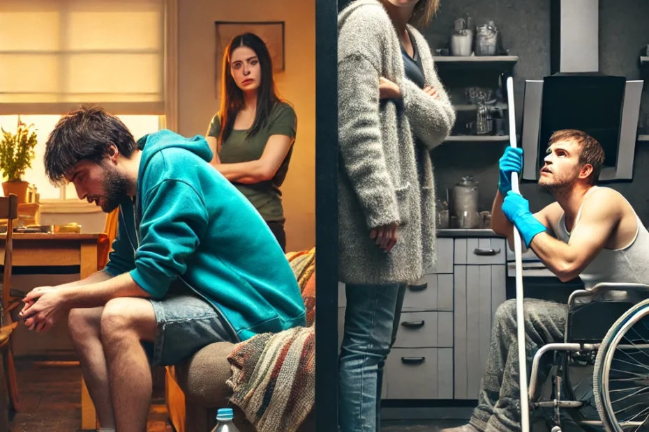 La imagen está dividida en dos partes: • En la mitad izquierda, se ve una pareja discutiendo. Uno de los personajes parece ser una persona que lucha con una adicción. Esta persona tiene el rostro cansado, el cuerpo encorvado y una expresión distante, con un aspecto desaliñado. El ambiente que los rodea es oscuro y desordenado, con ropa y objetos esparcidos por el suelo, lo que refleja el caos en su vida y en su relación. Su pareja está de pie, visiblemente frustrada, con los brazos cruzados, mostrando enojo o impotencia mientras hablan. • En la mitad derecha, se presenta una escena más tranquila y positiva. Otra pareja está limpiando una casa. Uno de ellos tiene una afección física grave, como estar en silla de ruedas o usar un aparato ortopédico, pero ambos trabajan juntos en la tarea, barriendo y organizando el espacio. A pesar de la condición física, el ambiente es luminoso, la habitación está ordenada y ambos parecen contentos y en armonía, mostrando cooperación y cuidado mutuo.