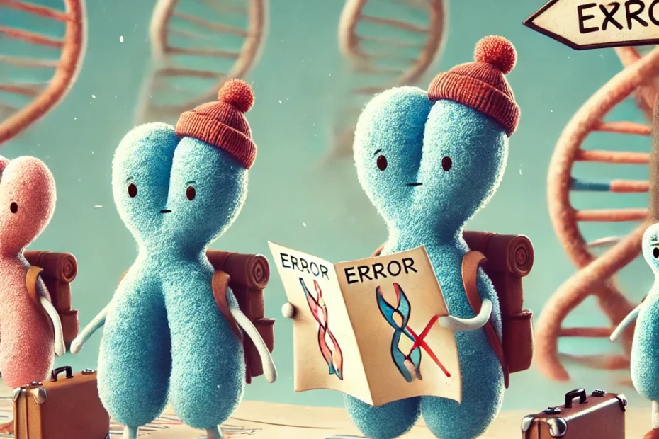 imagen que ilustra de manera creativa y metafórica a los cromosomas como pequeños viajeros, cada uno con un mapa que tiene un error marcado en el mismo lugar. Los viajeros, representando los cromosomas de la madre y del padre, están diseñados en un estilo caricaturesco y caprichoso, viajando a través de un paisaje genético.