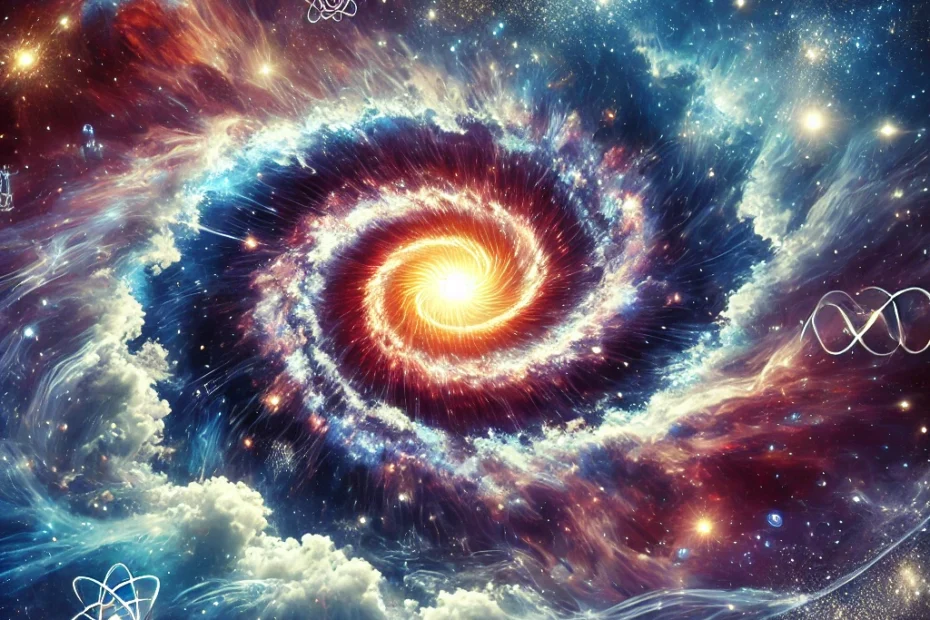 Imagen cósmica con una explosión central que simboliza el Big Bang, rodeada de espirales de energía. Se observan galaxias, estrellas y nebulosas, sugiriendo un universo infinito y eterno.