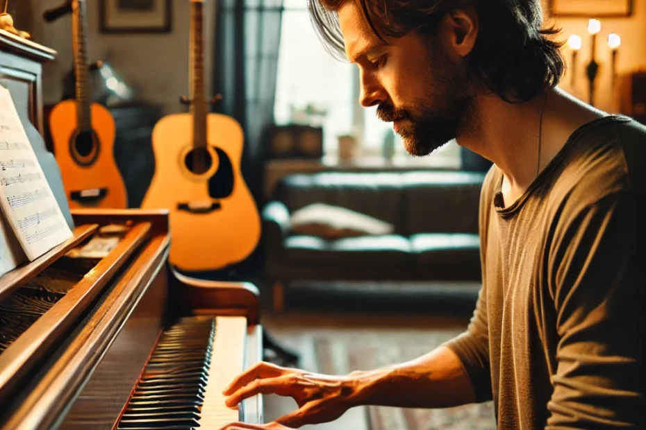 Muestra a un hombre de unos 35 años, con el cabello largo y castaño claro, tocando el piano en una habitación con algunos instrumentos alrededor, como una guitarra.