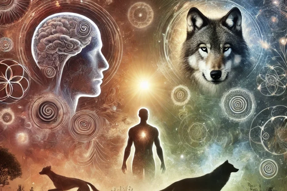 La imagen muestra una figura humana y un animal, cada uno rodeado de un aura que expresa su consciencia particular: el lado humano destaca símbolos abstractos que representan intelecto y reflexión, mientras que el lado del animal enfatiza instinto y una conexión primitiva con la naturaleza.