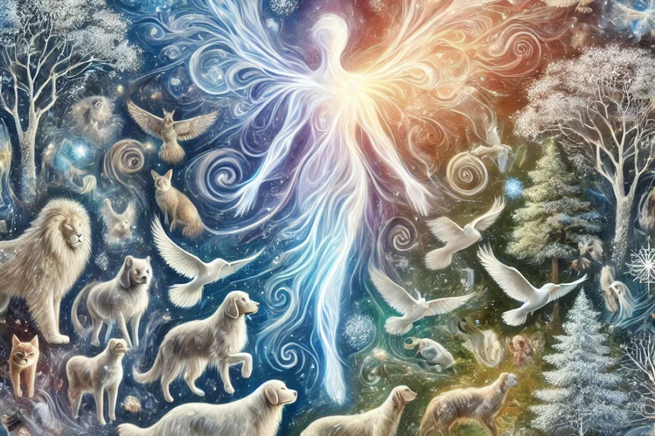 La imagen muestra a animales como perros, gatos, aves y otras criaturas, integrándolos en un escenario donde un espíritu etéreo y luminoso fluye a través de la naturaleza.