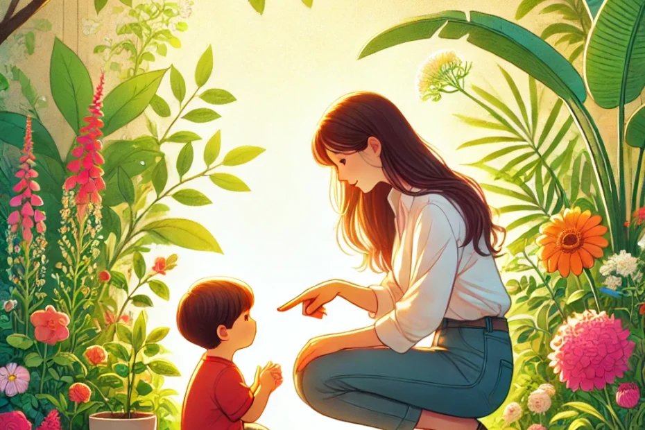 Madre hablando gentilmente con su hijo en un jardín lleno de plantas y flores bajo la luz del sol.