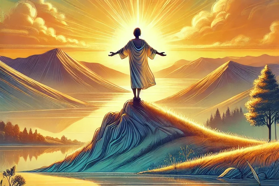 La imagen representa la pureza y la autenticidad. Muestra a una persona en la cima de una montaña al amanecer, con los brazos abiertos en un gesto de libertad. La escena transmite paz y claridad, reflejando la belleza de ser uno mismo.