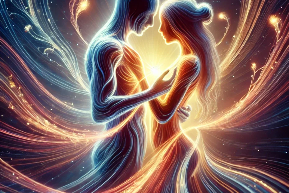 Siluetas de pareja abrazándose con líneas de energía brillante y colores cálidos fluyendo entre ellos sobre un fondo cósmico, simbolizando el intercambio energético durante la intimidad.