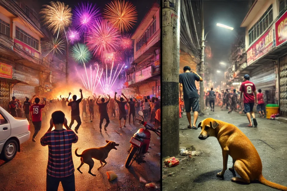 Celebración con fuegos artificiales causando estrés a animales y personas vulnerables.