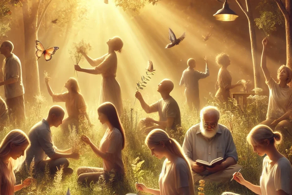 Personas altamente sensibles interactuando con la naturaleza en un entorno sereno y pacífico, destacando su conexión emocional y sensorial con el entorno.