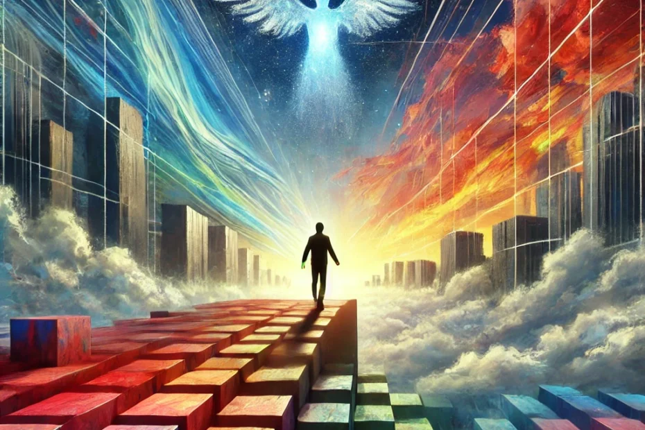 Se muestra a una persona en el límite entre dos mundos: uno estructurado y rígido, con formas geométricas y tonos apagados, y otro vibrante, lleno de colores, figuras abstractas y un cielo infinito. La figura del protagonista brilla con una luz propia, simbolizando la libertad y la autenticidad al dejar atrás las expectativas impuestas por la sociedad.