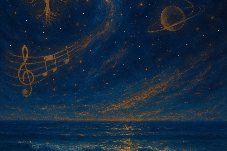 La imagen es una pintura digital abstracta que fusiona el océano y el cosmos de una manera completamente mágica y envolvente. El mar aparece en la parte inferior, pero no como un mar común. Es un mar que parece brillar desde dentro, con tonos azul profundo, turquesa y púrpura, como si fuera un espejo líquido que refleja las galaxias. Hay pequeñas olas suaves, que no rompen ni rugen, sino que respiran como si fueran parte de un ser vivo. El cielo, en lugar de ser solo celeste, se abre hacia el universo. Se ve un cosmos estrellado, con nebulosas flotando, trazos dorados y violetas que serpentean como si fueran pinceladas hechas por una conciencia superior. Todo el cielo parece moverse, como si estuviera en un estado de expansión constante.