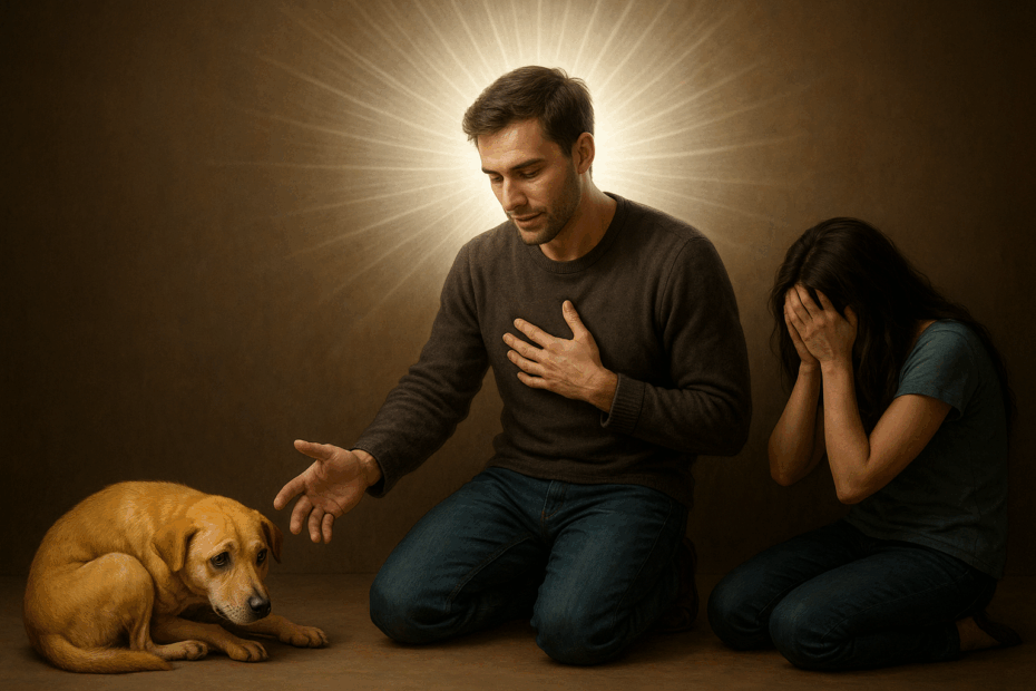 Un hombre joven, de rostro sereno y expresión compasiva, está arrodillado con una mano sobre su pecho y la otra extendida suavemente hacia un perro asustado. A su lado, una mujer también arrodillada se cubre el rostro con las manos, como si llorara o sintiera culpa. El hombre está rodeado por un resplandor cálido en forma de halo, simbolizando una conexión espiritual o un despertar interior. El perro, de pelaje claro, lo observa con cautela. El fondo es neutro y oscuro, lo que resalta la escena como un momento íntimo y profundo de redención, empatía y sanación.