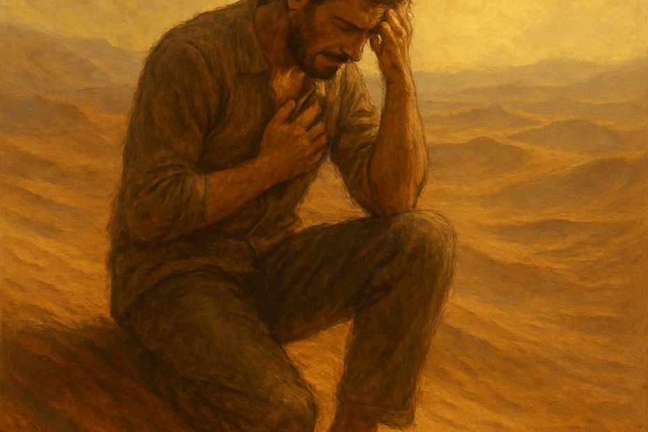 Hombre arrodillado en un desierto al atardecer, con expresión de sufrimiento y una mano en el pecho, simbolizando una crisis interna y la profundidad emocional del alma en búsqueda de sentido.
