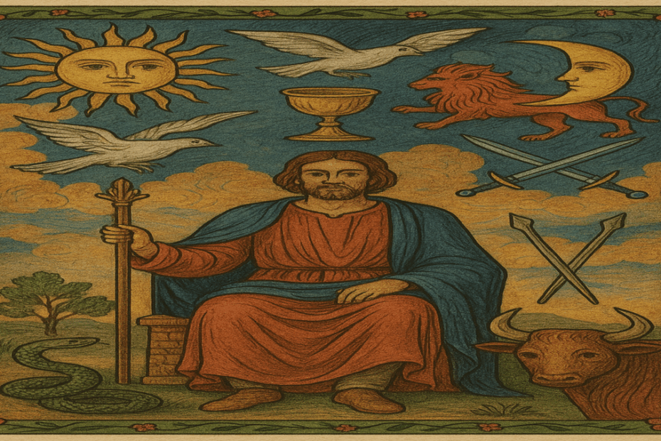 La imagen muestra una ilustración de estilo tradicional inspirada en el simbolismo del tarot y la lectura energética. En el centro aparece una figura arquetípica —de aspecto andrógino y sabio— que sostiene símbolos esotéricos como un bastón y una esfera, representando el equilibrio entre lo espiritual y lo terrenal. A su alrededor se disponen figuras geométricas, espirales y signos astrológicos que evocan un universo ordenado por energías invisibles.