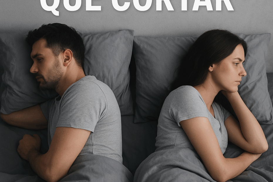 En primer plano, se ve a una pareja acostada en la cama, cada uno de espaldas al otro, con los cuerpos tensos y sin contacto físico. Ambos visten polos grises y están cubiertos con una frazada del mismo tono, lo que refuerza la sensación de monotonía, de rutina, casi como si la pasión y el color se hubieran desvanecido de sus vidas. El hombre, a la izquierda, tiene el rostro girado hacia su almohada, con expresión seria y los ojos cerrados, transmitiendo cansancio, resignación o tristeza. Su postura sugiere que ya no quiere discutir ni intentar nada más. La mujer, a la derecha, está despierta, mirando hacia un punto fuera del cuadro. Su expresión refleja preocupación, tristeza y un toque de frustración, como quien sigue dando vueltas mentales a una historia que ya se terminó pero que cuesta aceptar. Su brazo derecho está doblado hacia el rostro, en una actitud introspectiva, casi defensiva. Sobre el fondo gris de la pared, en letras grandes y blancas, se lee el texto: “CUANDO YA NO HAY TELA QUE CORTAR”. El contraste del blanco sobre gris simboliza lo que queda claro en medio de la neblina emocional: el amor se acabó.