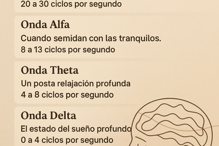 La imagen es una infografía en español con un diseño limpio, cálido y profesional, pensada para acompañar un artículo sobre las cinco ondas cerebrales y los estados de la consciencia.