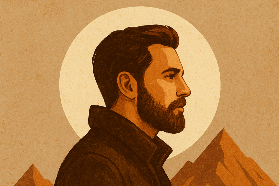 En el centro aparece un hombre de perfil, mirando hacia la derecha. Tiene un rostro firme, barba bien definida y cabello oscuro peinado hacia atrás. Su expresión es seria, tranquila y contemplativa, como alguien que observa el horizonte desde un lugar de independencia y claridad. El hombre viste una chaqueta oscura que acentúa su presencia sobria y autosuficiente. Detrás de él se ve un círculo luminoso, parecido a un sol o a una luna llena, que funciona como un halo simbólico. Esto le da un aire arquetípico, casi mítico, reforzando la idea del “lobo solitario” y del individuo que se sale del sistema. Al fondo, se aprecian montañas estilizadas, con formas angulares y colores terrosos. Estas montañas evocan fuerza, aislamiento, desafío y una conexión con la naturaleza, elementos muy asociados al arquetipo del hombre sigma.