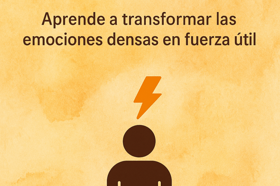 La imagen presenta un fondo cálido con textura tipo acuarela en tonos anaranjados y beige, evocando calma y energía. En el centro superior, se lee en letras grandes y oscuras la frase “LAS EMOCIONES SON ENERGÍA”, seguida del texto “Aprende a transformar las emociones densas en fuerza útil”. Debajo, aparece la silueta de una persona en color marrón oscuro, sobre cuya cabeza se proyecta un rayo naranja, simbolizando la transformación de la energía emocional. El diseño transmite, equilibrio interior y conciencia emocional.