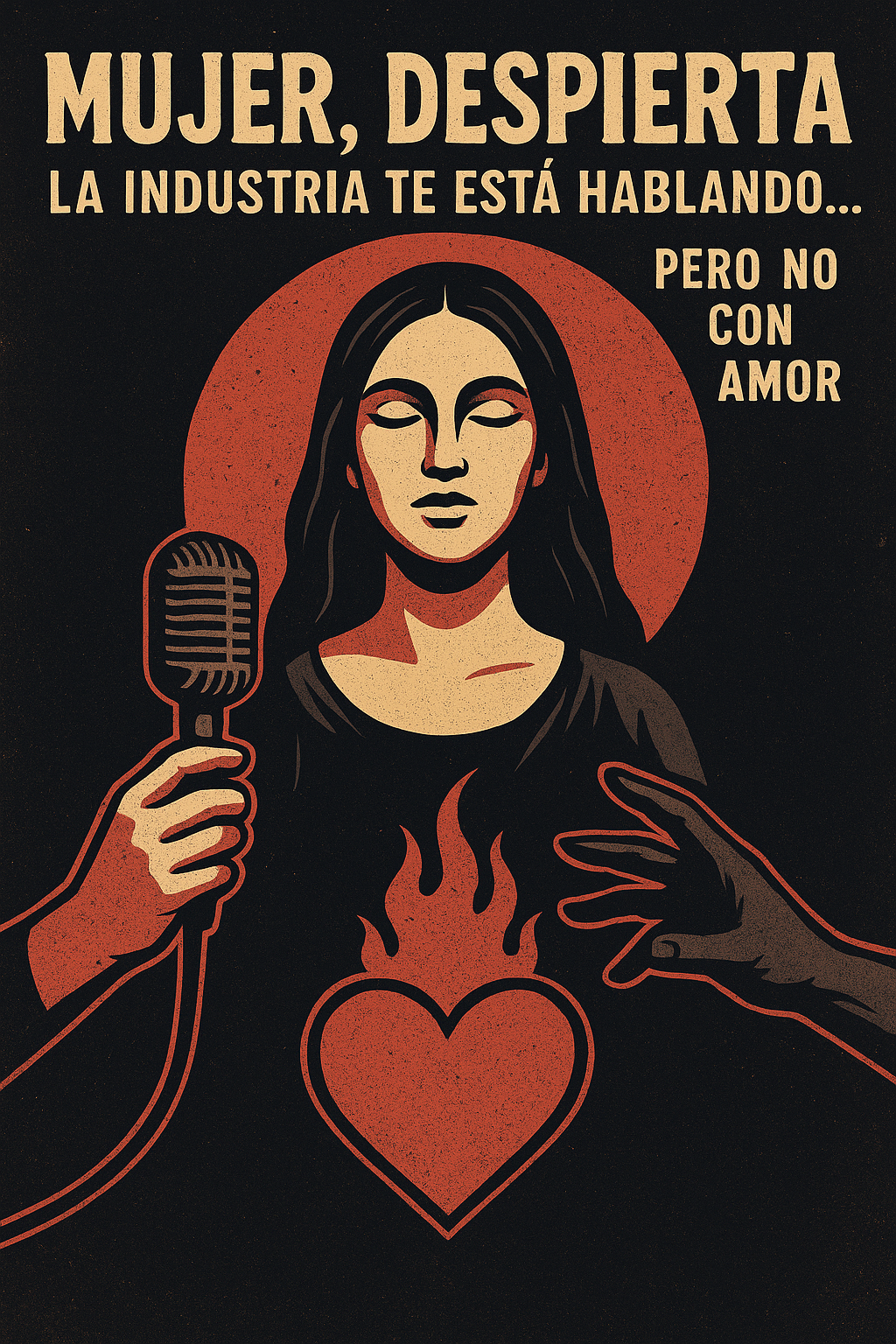 La imagen tiene un estilo gráfico, fuerte y simbólico, con una estética que recuerda a carteles vintage de protesta o arte místico de tonos ocres, negros y rojos. En el centro aparece una mujer de rostro sereno, con los ojos cerrados, como en estado meditativo o de introspección. Su expresión es tranquila, firme, casi sagrada. Detrás de su cabeza hay un gran círculo rojo, que funciona como un halo o símbolo de consciencia despierta. A su lado izquierdo, una mano sostiene un micrófono antiguo, apuntando hacia ella, como si la industria o el sistema intentara imponerle una voz o un mensaje. A su lado derecho, una mano oscura se estira hacia su pecho, representando la invasión, la manipulación o la intención de tocar su energía sin permiso. En el centro del pecho de la mujer hay un corazón en llamas, también en color rojo, simbolizando el fuego interior, la esencia pura, la energía espiritual no manipulada. Los colores dominantes son negro, rojo y tonos crema, creando un contraste fuerte, dramático y espiritual a la vez. Arriba, en letras grandes, el texto dice: “MUJER, DESPIERTA La industria te está hablando... PERO NO CON AMOR”