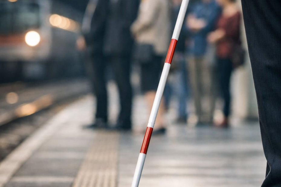 La imagen muestra a una persona con discapacidad visual de pie en un andén de tren, utilizando un bastón guía como herramienta de orientación. El bastón toca el suelo texturizado del andén mientras, al fondo, se distinguen otras personas y un tren aproximándose. La escena enfatiza la autonomía, la movilidad y la vida cotidiana, alejándose de cualquier representación de dramatismo o dependencia.
