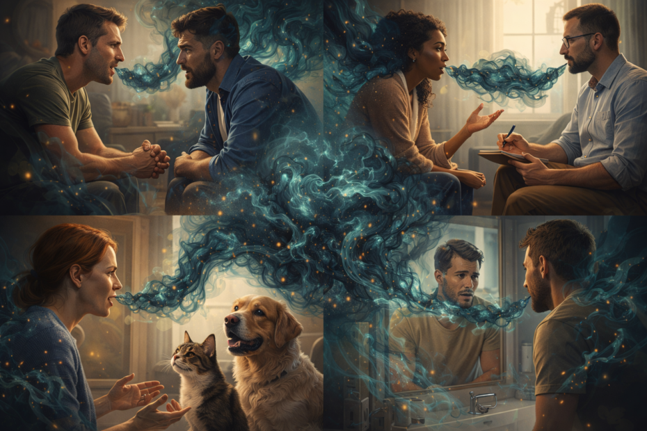 Es un collage conceptual dentro de una única composición visual donde: • Arriba izquierda: persona hablando con un amigo. • Arriba derecha: persona hablando con su psicólogo. • Abajo izquierda: persona contando sus problemas a su perro y su gato. • Abajo derecha: persona hablándose frente al espejo. • En el centro: la energía densa que sale al hablar y se transforma, simbolizando la liberación emocional. Todo está unificado en una sola pieza visual.