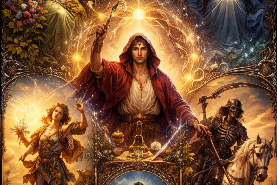 En el centro de la imagen aparece el arquetipo de El Mago. Está de pie con una túnica roja, levantando una vara hacia el cielo mientras una energía luminosa circula a su alrededor. Frente a él hay una mesa con símbolos esotéricos y objetos rituales. De su cuerpo parecen salir líneas de luz que conectan con los demás arquetipos. Alrededor del mago se encuentran otros arcanos importantes: Arriba a la izquierda aparece La Emperatriz, una figura femenina coronada, rodeada de flores y vegetación. Representa la fertilidad, la naturaleza y la creatividad. Arriba a la derecha está La Sacerdotisa, vestida con un manto azul y sosteniendo una luz o esfera brillante entre sus manos. Se encuentra entre columnas, simbolizando sabiduría interior, intuición y misterio. En la parte superior central se ve La Luna, iluminando un camino entre torres, representando el mundo del inconsciente, los sueños y lo oculto. En la parte inferior izquierda aparece El Loco, caminando con ligereza por un paisaje natural acompañado por un pequeño perro. Representa el inicio del viaje, la libertad y la aventura espiritual. En la parte inferior derecha se ve La Muerte, representada como un esqueleto montado en un caballo blanco, sosteniendo un arma o estandarte. No simboliza muerte literal, sino transformación y cambio profundo. En la parte inferior central aparece otra figura esquelética con una espada y sombrero, reforzando el tema de transición y transformación. Toda la escena está unificada por corrientes de energía luminosa que conectan a los personajes, sugiriendo que todos los arquetipos forman parte de un mismo sistema simbólico: el viaje del alma o proceso de transformación interior. Los colores dominantes son dorados, azules profundos y tonos cálidos, con una estética muy rica en detalles, parecida a ilustraciones de cartas de tarot de estilo fantástico.